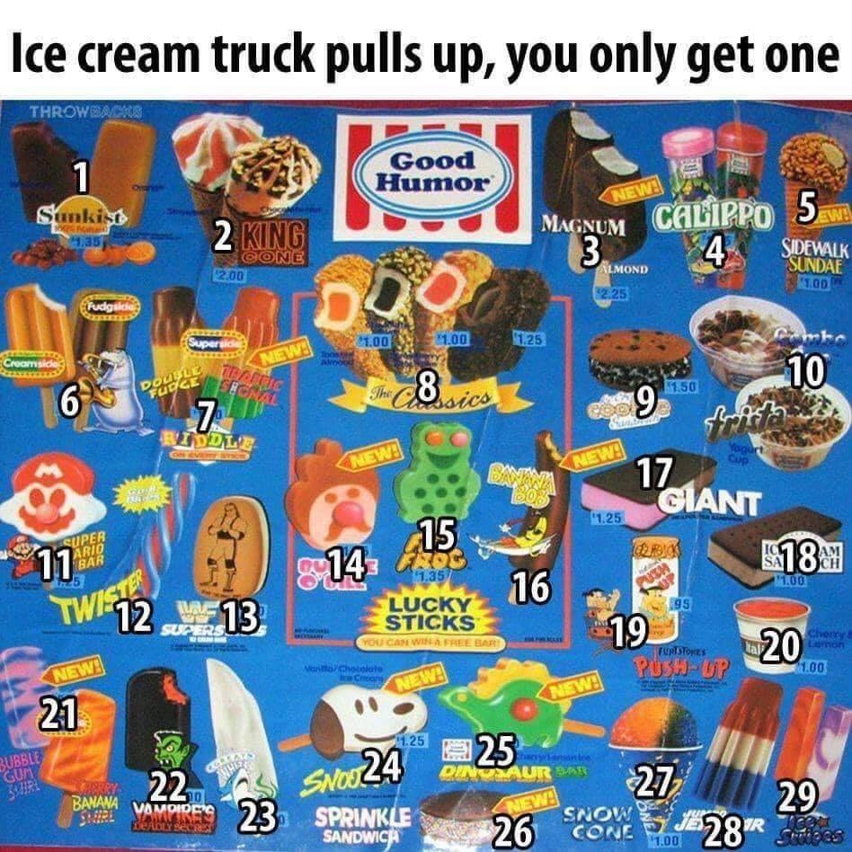 Ice cream truck pulls up to your home and you can only choose on